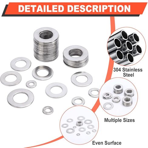 600 PCS Flat Washers for Screws and Bolts, 304 Stainless Steel Flat Washers Assortment Kit, 7 Sizes (M3 M4 M5 M6 M8 M10 M12) for Industrial and Home Use in Saudi Arabia