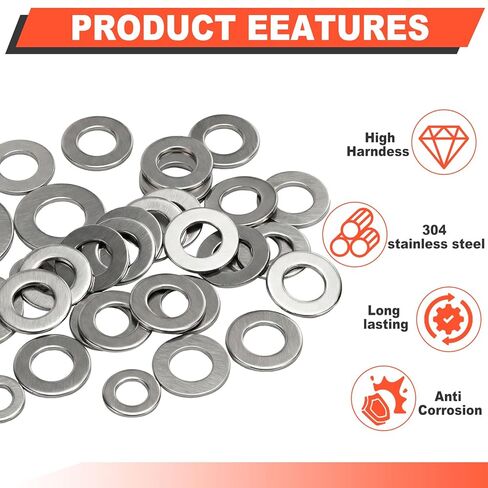 600 PCS Flat Washers for Screws and Bolts, 304 Stainless Steel Flat Washers Assortment Kit, 7 Sizes (M3 M4 M5 M6 M8 M10 M12) for Industrial and Home Use in Saudi Arabia