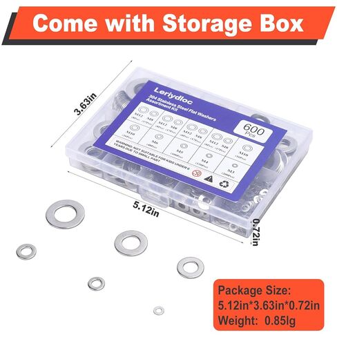 600 PCS Flat Washers for Screws and Bolts, 304 Stainless Steel Flat Washers Assortment Kit, 7 Sizes (M3 M4 M5 M6 M8 M10 M12) for Industrial and Home Use in Saudi Arabia