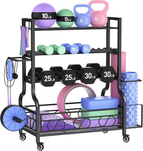 PARTPHONER Adjustable Dumbbell Rack, Weight Rack for Home Gym Storage, Home Gym Storage for Stores Dumbbells, Kettlebells and Yoga Mats, All in One Workout Storage Racks with Wheels and Hooks, Durable Powder Coated Steel in Kuwait