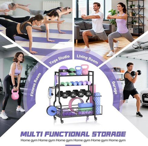 PARTPHONER Adjustable Dumbbell Rack, Weight Rack for Home Gym Storage, Home Gym Storage for Stores Dumbbells, Kettlebells and Yoga Mats, All in One Workout Storage Racks with Wheels and Hooks, Durable Powder Coated Steel in Kuwait