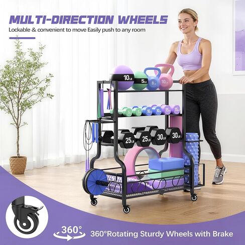 PARTPHONER Adjustable Dumbbell Rack, Weight Rack for Home Gym Storage, Home Gym Storage for Stores Dumbbells, Kettlebells and Yoga Mats, All in One Workout Storage Racks with Wheels and Hooks, Durable Powder Coated Steel in Kuwait