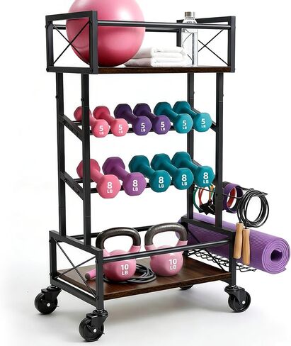 رف تخزين بأربعة طبقات لصالة الألعاب الرياضية المنزلية مع عجلات، رف بساط اليوجا، رف صغير لوزن الدمبل، متعدد الوظائف من الخشب المعدني لمعدات الصالة الرياضية، عربة تخزين للتمرين للنساء، منظم اللياقة البدنية Kettlebell in Kuwait