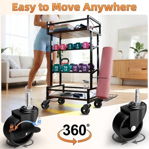 رف تخزين بأربعة طبقات لصالة الألعاب الرياضية المنزلية مع عجلات، رف بساط اليوجا، رف صغير لوزن الدمبل، متعدد الوظائف من الخشب المعدني لمعدات الصالة الرياضية، عربة تخزين للتمرين للنساء، منظم اللياقة البدنية Kettlebell in Kuwait