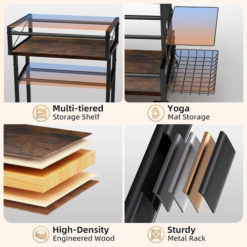 رف تخزين بأربعة طبقات لصالة الألعاب الرياضية المنزلية مع عجلات، رف بساط اليوجا، رف صغير لوزن الدمبل، متعدد الوظائف من الخشب المعدني لمعدات الصالة الرياضية، عربة تخزين للتمرين للنساء، منظم اللياقة البدنية Kettlebell in Kuwait