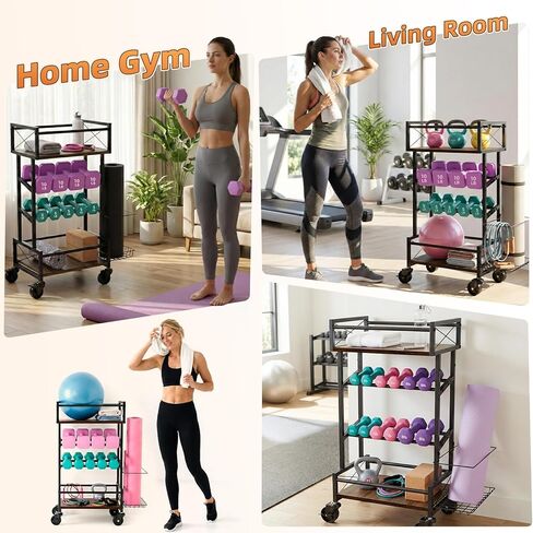 رف تخزين بأربعة طبقات لصالة الألعاب الرياضية المنزلية مع عجلات، رف بساط اليوجا، رف صغير لوزن الدمبل، متعدد الوظائف من الخشب المعدني لمعدات الصالة الرياضية، عربة تخزين للتمرين للنساء، منظم اللياقة البدنية Kettlebell in Kuwait