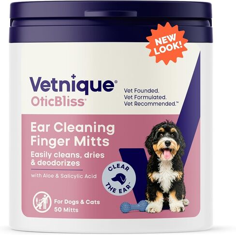 Vetnique Oticbliss Ear Finger Wipes for Dogs & Cats Dual-Sided Cleaning Dog Ear Wipes for Odor Control, Dirt & Wax Removal with Soothing Aloe, Salicylic Acid & Aloe Vera, 50ct in Kuwait