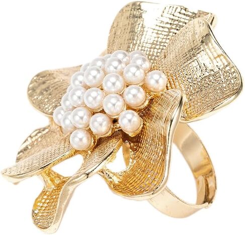 Chunky Gold Flower Ring for Women Dainty Pearl Flower Rings Adjustable Large Pearl Floral Knuckle Rings Trendy Statement Ring Cocktail Prom Jewelry in Kuwait