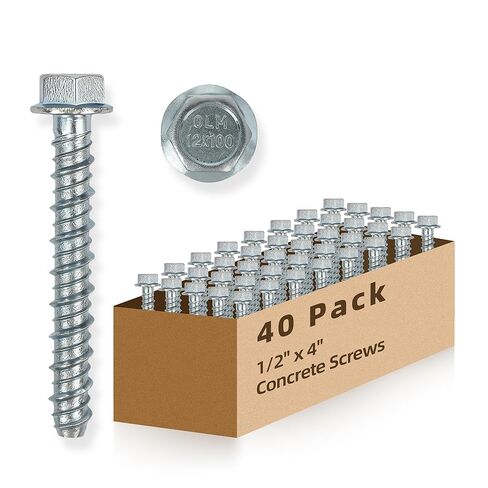 40 Pack 1/2" x 4" Concrete Screws, Large Diameter Heavy Duty Concrete Anchor Bolts with Hex Washer Head, Easy to Install and Remove on Wood, Block, Concrete, Brick, for Indoor and Outdoor Use in Saudi Arabia