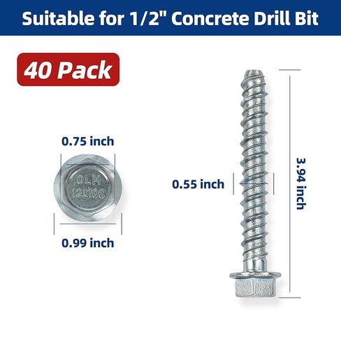 40 Pack 1/2" x 4" Concrete Screws, Large Diameter Heavy Duty Concrete Anchor Bolts with Hex Washer Head, Easy to Install and Remove on Wood, Block, Concrete, Brick, for Indoor and Outdoor Use in Saudi Arabia