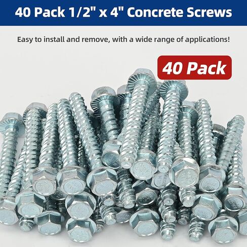 40 Pack 1/2" x 4" Concrete Screws, Large Diameter Heavy Duty Concrete Anchor Bolts with Hex Washer Head, Easy to Install and Remove on Wood, Block, Concrete, Brick, for Indoor and Outdoor Use in Saudi Arabia