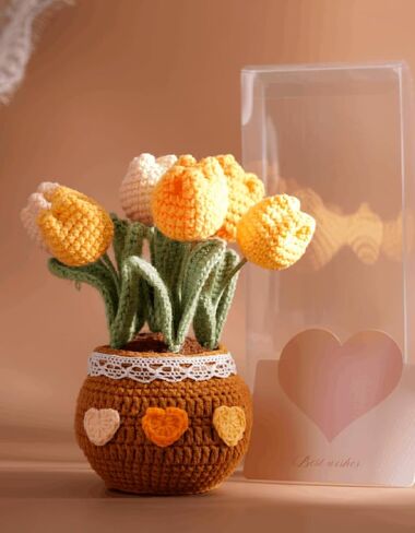 Crochet Tulip Potted Plant - Handmade Cotton Knitted Artificial Flowers, Perfect Mother’s Day Gift, Tulip for Teachers, Mother, 6 Tulips Pot Plant with Bendable Leaves, Pink in Kuwait
