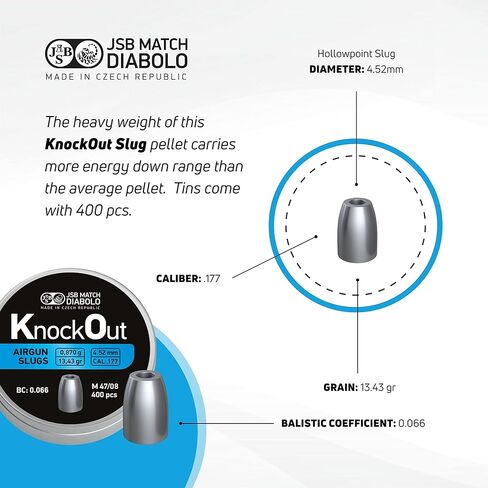 JSB Knockout Slugs - Hollowpoint Airgun Pellets | .177 Caliber (4.52mm), 13.43 Grain | Designed for Target Shooting and Hunting | 400 Count in Kuwait