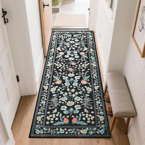 Przemy Runner Brug لغرفة النوم ، وسجاد عداءات الأزهار القابلة للغسل 2x6 ، غير قسيمة مع TPR دعم السجادة الريفية لطفل غرفة المعيشة بجانب السرير المطبخ المدخل ، الأرجواني in Kuwait