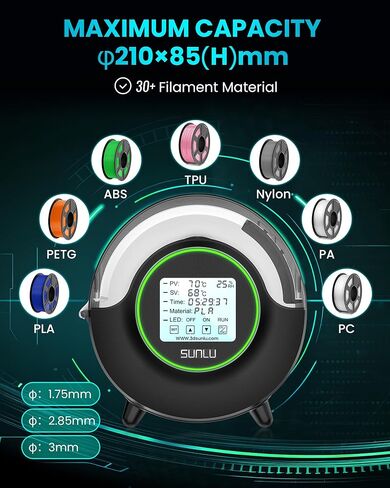 SUNLU Official Filament Dryer S2, Upgraded 3D Filament Dryer with 360°Heating Fan, Filament Dehydrator, One-Key Set with 4.6" Touch Sreen, Compatible with 1.75 2.85 3.00mm PLA PETG ABS Filament, Black in Kuwait