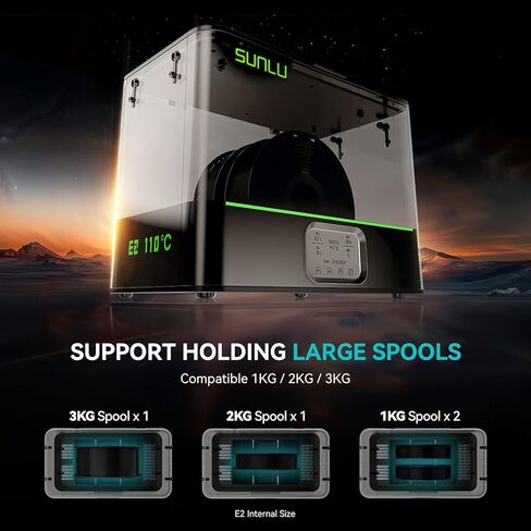 SUNLU Official 3D Printer Filament Dryer E2, 110℃ Max Temperature, 500W PTC Heater, Dry and Anneal 2-in-1, Dual-Chamber, Designed for Engineering Filaments, PC PA-CF FR-ABS Filament Dryer Box (Black) in Kuwait