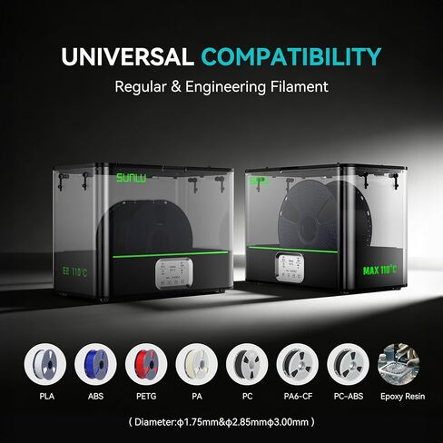SUNLU Official 3D Printer Filament Dryer E2, 110℃ Max Temperature, 500W PTC Heater, Dry and Anneal 2-in-1, Dual-Chamber, Designed for Engineering Filaments, PC PA-CF FR-ABS Filament Dryer Box (Black) in Kuwait