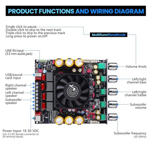 ZK-AS21P 2.1 Channel Bluetooth Subwoofer Amp 600 Watt with 300 Watt Stereo Class D Audio Board for Home Theater and Mono Audio Projects (Integrated Type) in Kuwait