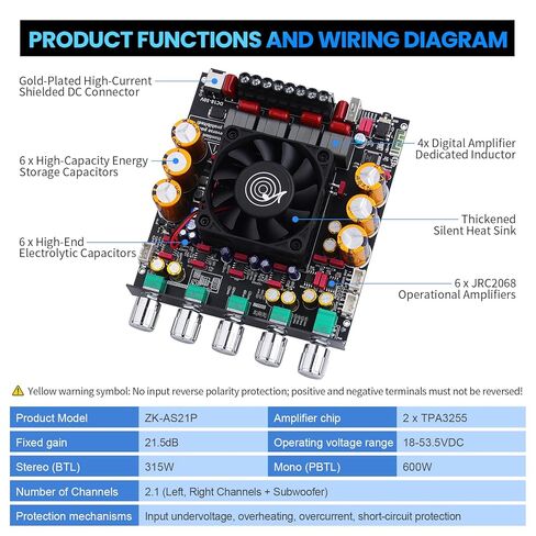 ZK-AS21P 2.1 Channel Bluetooth Subwoofer Amp 600 Watt with 300 Watt Stereo Class D Audio Board for Home Theater and Mono Audio Projects (Integrated Type) in Kuwait