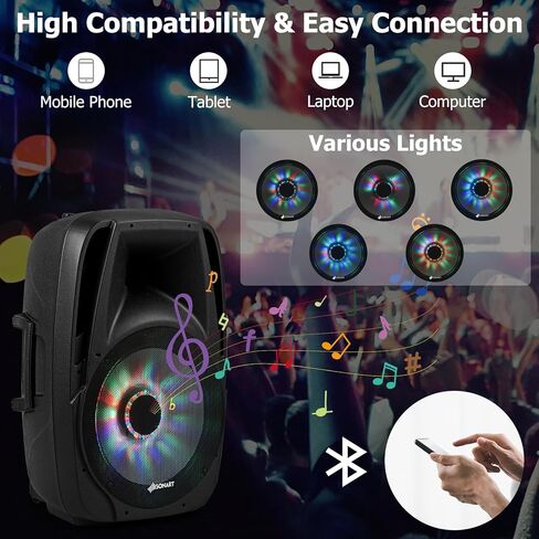 GOFLAME Portable 15" PA Speaker System Set, 1500W Powered 2-Way TWS Bluetooth DJ Party Speaker with Stand, Illuminating Light, USB/SD Card Reader, Microphone in Saudi Arabia