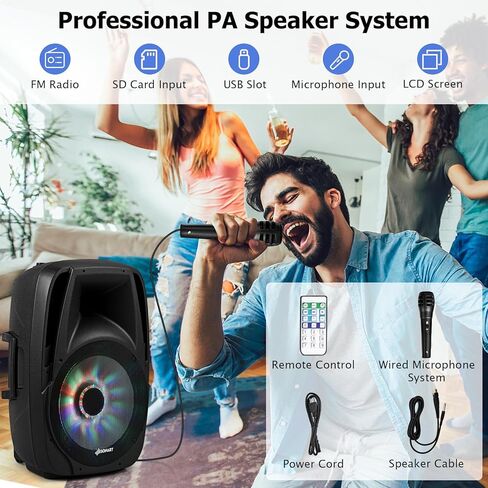 GOFLAME Portable 15" PA Speaker System Set, 1500W Powered 2-Way TWS Bluetooth DJ Party Speaker with Stand, Illuminating Light, USB/SD Card Reader, Microphone in Saudi Arabia