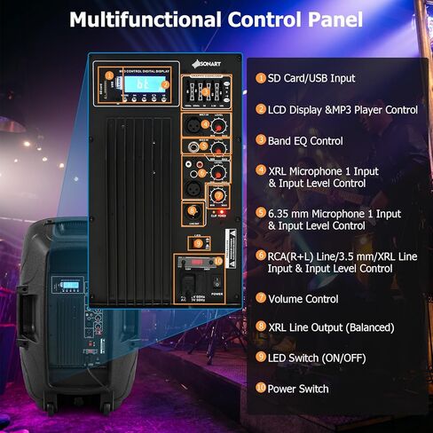 GOFLAME Portable 15" PA Speaker System Set, 1500W Powered 2-Way TWS Bluetooth DJ Party Speaker with Stand, Illuminating Light, USB/SD Card Reader, Microphone in Saudi Arabia