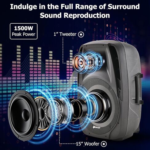 GOFLAME Portable 15" PA Speaker System Set, 1500W Powered 2-Way TWS Bluetooth DJ Party Speaker with Stand, Illuminating Light, USB/SD Card Reader, Microphone in Saudi Arabia