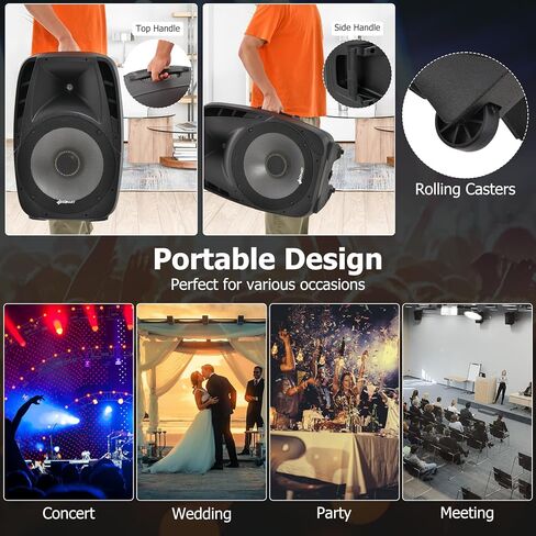 GOFLAME Portable 15" PA Speaker System Set, 1500W Powered 2-Way TWS Bluetooth DJ Party Speaker with Stand, Illuminating Light, USB/SD Card Reader, Microphone in Saudi Arabia