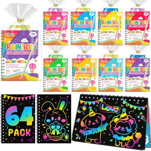 Scratch Art Party Favors for Kids: 64 Pack Rainbow Scratch Art Notebook Classroom Prizes Gifts Bulk for Girls Boys Goodie Bags Stuffers, Return Gifts for Birthday Party Favors Bulk Kids Crafts in Kuwait