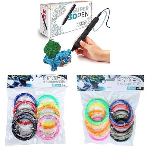 MYNT3D Super 3D Pen, 1.75mm ABS and PLA Compatible 3D Printing Pen & PLA 3D Pen Filament Refill Pack (10 Color, 3m Each) & ABS 3D Pen Filament Refill Pack (10 Color, 3m Each) in Kuwait