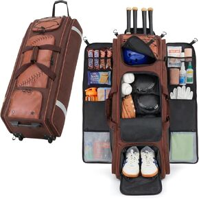 حقيبة معدات Fanwoli 100L Rolling Catchers لكرة البيسبول، إصدار Legacy Stitch، تناسب المجموعة الكاملة و8 مضارب، عجلات لجميع التضاريس، قاعدة واقفة، منطقة أحذية ذات فتحات تهوية، شريط عاكس، خطافات سياج in Kuwait