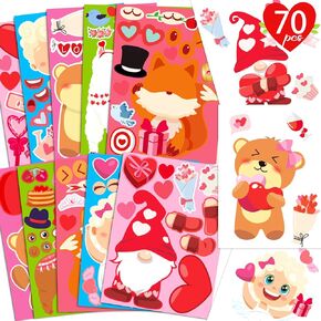 70Sheets Valentines Stickers Crafts for Kids - Make-A-Dog/Cat/Monster/Bear/Frog Face Sticker- Valentine's Day Gifts Goodie Bag Stuffer School Classroom Activity Games Party Favors (Small Size) in Kuwait