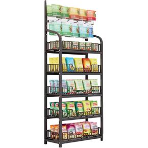 رف عرض حلوى التجزئة من 5 طبقات، عرض 23.6 بوصة / 60 سم رف تخزين الوجبات الخفيفة مع خطافات وعجلات، أرفف عرض شرائح البطاطس ذات الأسلاك المعدنية لرف متجر السوبر ماركت، المطبخ المنزلي، أسود in Kuwait