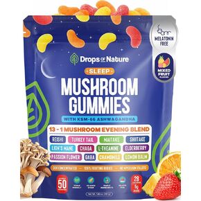 قطرات من فطر النوم الطبيعي، علكات خالية من الميلاتونين - أشواغاندا إل ثيانين، إلدربيري ليونز مين، ذيل تركيا، بلسم الليمون، غابا - مزيج الفطر الليلي الفائق (فواكه مختلطة، 50 علكة) in Kuwait