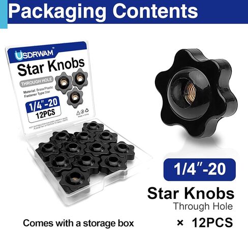 1/4"-20 Star Knobs Female Thread, Black Nylon Clamping Knobs with Metal Insert for Light Duty Machinery, Jigs & Fixtures, 12 Pack in Saudi Arabia