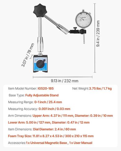 VEVOR Dial Test Indicator with Magnetic Flexible Base Stand, 0.001 inch Accuracy, 0-1 inch Range, Fine Adjustable Long Arm, Professional for Machine Set-Up, Narrow Area Measurement, Easy to Read in Saudi Arabia