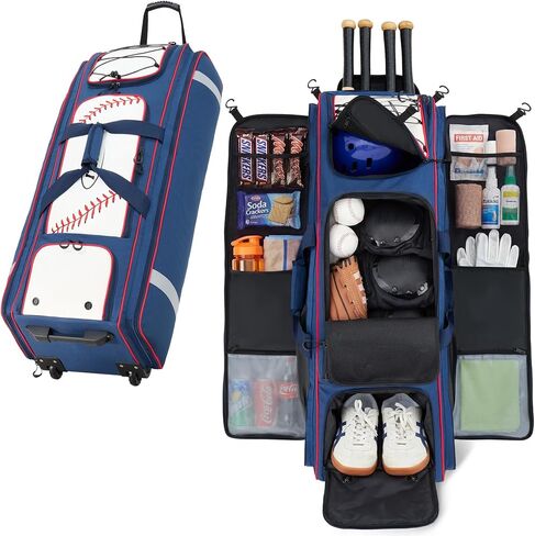 Fanwoli 100L Rolling Catchers Gear Bag for Baseball Softball, Legacy Stitch Edition, Fits Full Set & 8 Bats, All-Terrain Wheels, Stand-Up Base, Vented Shoe Zone, Reflective Strip, Fence Hooks in Kuwait