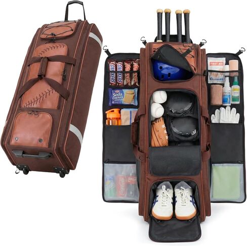 حقيبة معدات Fanwoli 100L Rolling Catchers لكرة البيسبول، إصدار Legacy Stitch، تناسب المجموعة الكاملة و8 مضارب، عجلات لجميع التضاريس، قاعدة واقفة، منطقة أحذية ذات فتحات تهوية، شريط عاكس، خطافات سياج in Saudi Arabia
