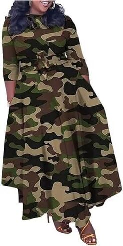 LROSEY Women's Casual Button Down Short Sleeve Maxi Dress African Floral Camo A Line Long Dresses with Belt in Kuwait