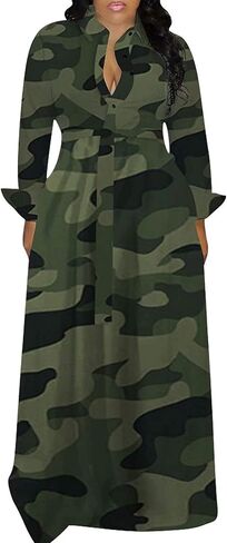 LROSEY Women's Casual Button Down Short Sleeve Maxi Dress African Floral Camo A Line Long Dresses with Belt in Kuwait