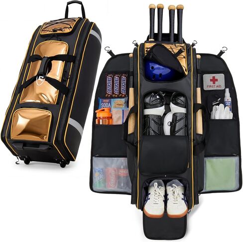 Fanwoli 100L Waterproof Rolling Catchers Gear Bag for Baseball Softball, Icon Shield Edition, Fits Full Set & 8 Bats, All-Terrain Wheels, Stand-Up Base, Vented Shoe Zone, Reflective Strip, Fence Hooks in Kuwait