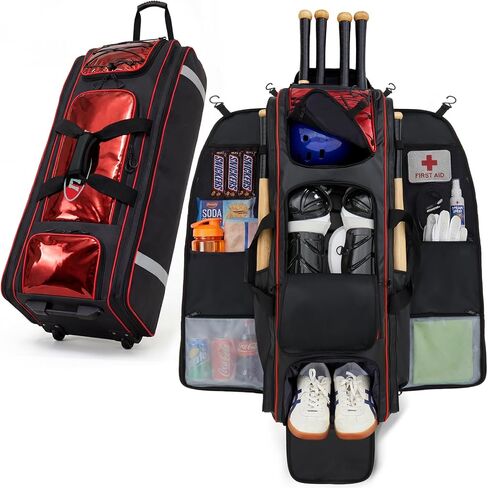 Fanwoli 100L Waterproof Rolling Catchers Gear Bag for Baseball Softball, Icon Shield Edition, Fits Full Set & 8 Bats, All-Terrain Wheels, Stand-Up Base, Vented Shoe Zone, Reflective Strip, Fence Hooks in Saudi Arabia