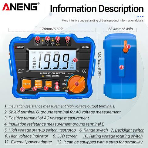 MH10 HD الرقمية مقياس مقاومة العزل أومر اختبار 1000 فولت مقياس الضغط Megohmmeter أوم اختبار السيارات المدى الخلفية متر in Kuwait