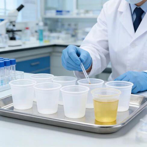 10 قطعة حاوية عينة البراز ، 25-30 مللي كوب عينات من البلاستيك مع أغطية وملعقة أكواب البول السائل الشفاف للاستخدام الطبي المختبري in Kuwait