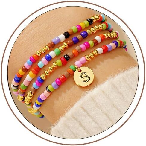 Turandoss Mothers Day Gifts for Mom Women Girls, 4PCS Colorful Beaded Initial Bracelets - Cute Stretch Beaded Bohemian Initial Stackable Bracelets Jewelry for Girls Women Teens Birthday Gifts in Kuwait