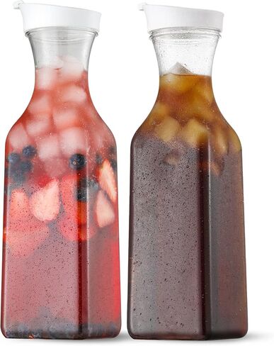 NETANY Plastic 50 Oz Water Carafe with Flip Top Lid, Set of 2 Square Base Juice Containers, Clear Plastic Pitcher - for Water, Iced Tea, Juice, Beverage, Cold Brew and Mimosa Bar - HAND WASH ONLY in Kuwait