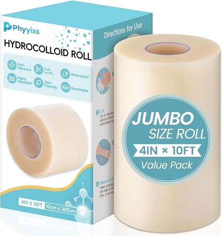 لفة الشريط الهيدروكولويد-ضمادات تصحيح هيدروكولويد مرنة وصديقة للبشرة للبشرة الحساسة-خلع الجرح المقاوم للماء للإسعافات الأولية ، وحب الشباب ، والحروق ، والبثور (4in × 10 أقدام) in Kuwait