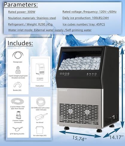 Commercial Ice Maker Machine, 100lbs/24H Stainless Steel 45pcs Under Counter ice Machine, Freestanding Ice Maker for Home Party Bar,Self-Cleaning. in Saudi Arabia