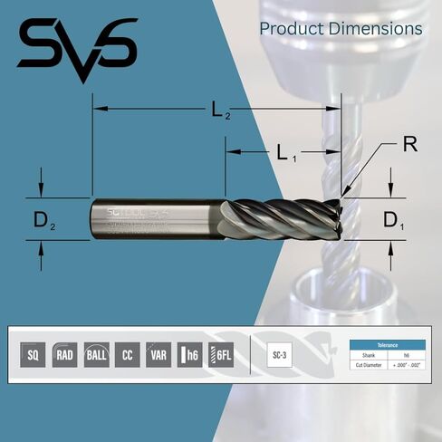 SCT20645 SV6 6-Flute, 5/8" Diameter, 2" Cutting Length, .060" Corner Radius, Center Cut, 4" OAL, Coated, 5/8" Shank Dia., High Performance Variable Helix Carbide Endmill for Ferrous Materials in Kuwait