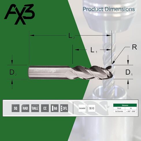 SCT10204 AX3 3-Flute, 1/2" Diameter, 1-1/2" Cutting Length, .090" Corner Radius, Center Cutting, 3" OAL, Un-Coated, 1/2" Shank Dia., High-Performance Aluminum & Non-Ferrous Machining in Kuwait